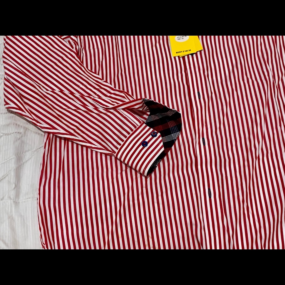 Designer BRIO men’s long sleeve, red/white stripe, size 2XL